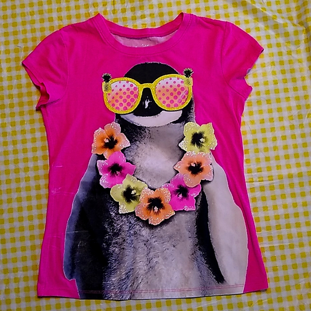 Girls 8 Justice pink penguin capped sleeve t-shirt